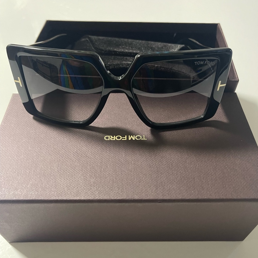 Tom Ford Black Gloss Oversized Square Sunglasses with Gold Temple T